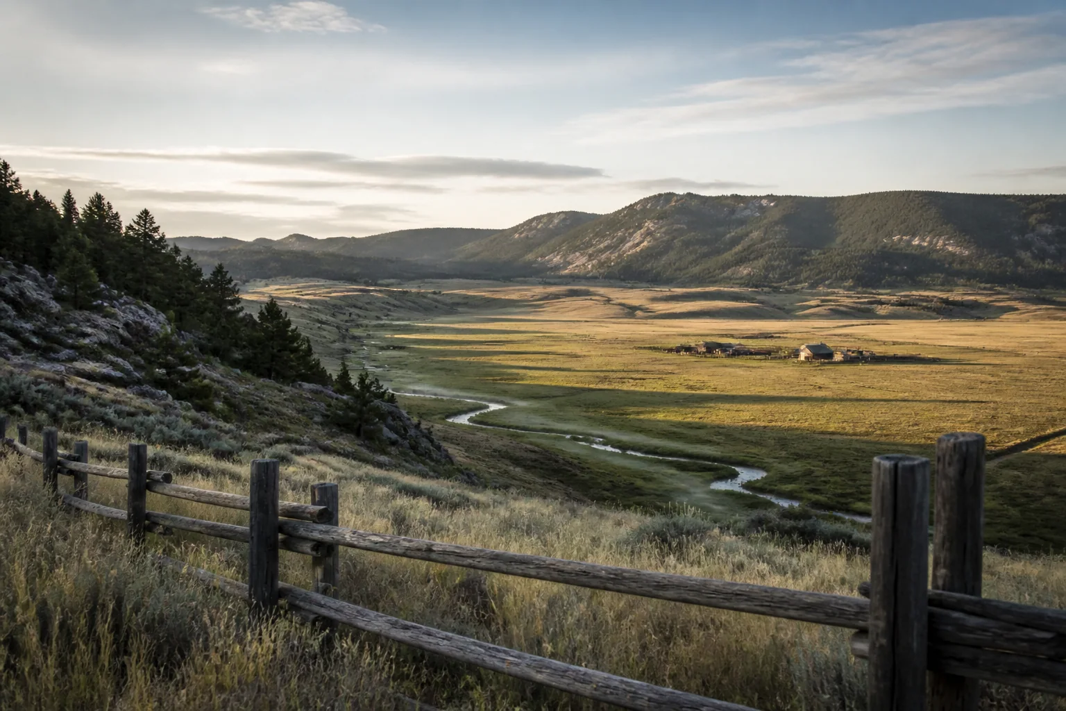 Open ranch country beneath a distant mountain range